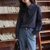 Yitimuceng Women Blouses Vintage Long Sleeve Striped Office Lady Loose Solid Shirts Fashion Casual Tie Navy Blue Clothing Spring 210601