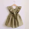 Toddler Kid Baby Flickor Casual Dresses Solid Ruffle Lace Ärmlös Klänning Outfit Sundress Bomull Linen Princess Tjejer Kostymer G1129