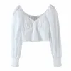 Puff Long Sleeve Crop Tops Women Button Up Vintage White Summer Female Cotton Short Blouse Blusa Mujers 210427