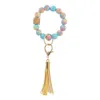 Silicone Beads Keychain Tassel Bracelet Favor Wood Beaded Key Ring Handbag Charms Women Jewelry Wristring Gift