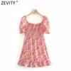 Women Sweet Red Floral Print Elastic Pleats Mini Dress Female Chic Summer Ruffles Casual Slim Party Vestido DS8235 210416