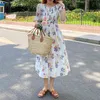 女性の夏のドレス花柄プリントビンテージハイウエストポケットフォールエレガントな韓国の野生の女性ロングドレス210522
