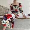 Francuski Retro Square Collar Dress Vintage Kwiatowy Print Lampion Rękaw Slim One-Step Slit Sukienki MIDI 210608
