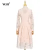 VGH Pink Dress For Women Stand Collar Long Sleeve High Waist Hollow Out Designer Hit Color Plus Size Dresses Female Clothes 210421