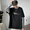Algodón Otoño Falso Dos piezas Camiseta de manga larga para hombres Estudiantes masculinos Estilo coreano Ropa de moda suelta Ins Ropa para hombres jóvenes 210409