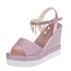 Zomer sandalen vrouwelijke buckle riem bling glans casual schoenen wiggen hoge hakken vrouwen vrouw parel plat platform