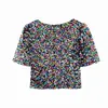 Blusa de lantejoula colorida camisa casual sexy clube colheita top v pescoço curto tops blusa camisas verão 210415