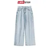LAPPSTER MEN COREAN COREAN Streetwear Wide Legs Baggy Jeans 2021 Mens Autumn Harajuku Vintage Blue Denim Pants Male Casual Cargo 0214