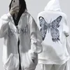 Kadın Hoodies Tişörtü Bayan Y2K Boy Hoodie Kelebek Grafik Rhinestone Tam Zip İpli Ceketler E-Girl 90s Uzun Ceket