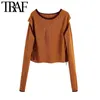 Women Fashion Patchwork Cropped Knitted Sweater Vintage Separate Long Sleeve Side Vents Female Pullovers Chic Tops 210507