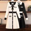 Femmes élégantes perles bouton tricoté robe grande taille Chic automne noir blanc Hit couleur perle nœud papillon revers col pull robe G1214