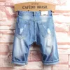 Luz azul jeans homens verão buraco moda denim shorts tamanho grande algodão alta qualidade reta joelho comprimento homens