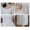 Yosimi белые длинные женские платье лето винтажный рукав A-Line Mid-Calf квадратный шеи слойная империя вечеринка элегантный 210604
