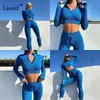 Liooil Sexy Due Pezzi Stretto Set Donna Tuta Zip Up Crop Top E Pantaloni Lunghi Coulisse Nero Bianco Tuta Completi Y0625