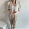 Corée Chic Rétro D'été À Manches Courtes Revers T Veste Droite Puff Cardigan Manteau Crop Tops Mode Sexy Sauvage 210918