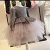 Cekiny Kwiat Dziewczyna Tutu Dress 2022 Pełne Rękawy Red Grey Princess Baby Girls Pagewant Suknie Kolano Długość Bow Puffy Pierwsza Komunia Urodziny Formalna Party Nosić