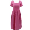 Elegant Beach Split Dress for womens Retro solid Puff Sleeve Waist Mid-length Summer V-Neck midi long boho dress 210508