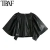 TRAF Women Fashion Faux Leather Cropped Blouses Vintage Short Sleeve Shoulder Pleats Back Zipper Female Shirts Chic Top 210415