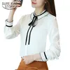 Весенние женщины топы шифон с длинными рукавами блузки офис леди лук рубашки сплошные сладкие плюс размер одежды D387 30 210506