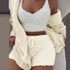 3PCS Pajama Set Women Sexy Fluffy Suit Velvet Plush Robe Soft Warm Sleeveless Sweater Loungewear Pijamas Mujer Sleepwear 211215