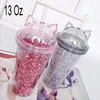 13oz Cat Ear Double Layer Water Straw Plastic Cup Coffee Juice Tumbler Flash Sequined Summer Cool Transparent Drinking Bottles Gift JY0021