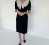 Organza revers robe d'été femme OL élégant Vintage à manches courtes mince bureau noir fête es Vestidos 210421