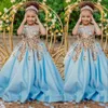 2021 Mignon Or Paillettes Dentelle Appliques Filles Pageant Robes Cristal Perlé Bleu Cap Manches Enfants Robe De Bal Robe De Fête D'anniversaire Robes Pour Petite Fille Balayage Train