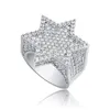 Nouveau Hexagon Star Silver Color bleu glacée zircon cubique avec des pierres latérales anneaux micro-pavés en diamant hip hop bijoux pour cadeaux334h