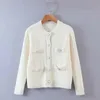 Suéter elegante con botones de perlas para mujer, cárdigan de punto con bolsillo para mujer, ropa de calle para mujer, blusa holgada con cuello redondo 210427