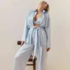 Hiloc Solid Sleepwear Slå ner Krage Kvinnor Pajama Nightwear Lace Up Pajamas Set Kvinna 3 Pieces Satin Nightie 3 Styck 211215