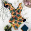 Swimsuit Print Plus Size Swimwear Women V-Neck Belt Monokini Sexy Ruffle Bathing Suits Push Up String Beach Wear 220112