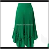 Kjolar höst kvinnor grön svart elastisk midja ruffle lång pläterad asymmetrisk kjol plus storlek chiffon 4xl Jupe Longue1 Q5T9N A6GX0