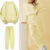 Autumn Winter Women Thick Fleece 100% Cotton Suit 2 Pieces Sets Pink O-neck Sweatshirt and Pants Suits 210430