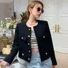 Diseñador de moda Botón de un solo pecho Chaqueta corta Abrigo Mujer Vintage Elegante Tweed Negro Cosaco Prendas de abrigo Traf Ropa 211109