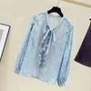 Camisa doce do pescoço de V-pescoço do estilo de manga longa das mulheres Decote elegante Ruffled Chiffon Blusa Floral Blusa 11146 210521