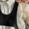 Neploe Frauen Sets Vintage Design Puff Sleeve Plissee Hemd Unregelmäßige Schwarze Weste Oberbekleidung Koreanische Chic Anzug Zwei-stück Weibliche 210422