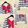 Luxury Design Women's Long Sleeves Red Bow Stripe Loose T-Shirt Tee Autumn Girls Pullover Casual Tops Tees A4169 210428