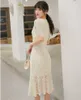 summer Elegant Temperament Hook Flower Hollow Dress O neck short sleeve Pleated Mermaid 210531