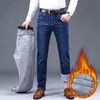 Зимний мужской флис черный синий джинсы деловые повседневные теплые сгущает тонкий подходящий тенденция джинсовые брюки мужские брюки 21120