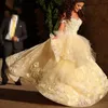 Feestjurken romantische Saoedi -Arabië baljurk prom jurk Dreamlike prinses gele jurken kanten applique off schouder formele avond