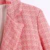 Tangada Mulheres Moda Escritório Desgaste Rosa Tweed Dupla Breasted Blazer Casaco Vintage Longo Manga Bolsos Feminino Outerwear Be911 210609