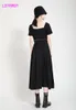 Ldyrwqy fransk svart och vit polka dot slim bow kortärmad mode temperament klänning o-hals 210416