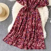 SINGREINY Vintage Floral Drawstring Dress Women Sexy V Neck Short Sleeve A Line Dress Korean Summer Vacation Slim Print Dress 210419