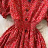 Vintage Women Single Breasted Printed Midi Dress Red/Blue/Green Puff Short Sleeve High Waist Vestidos Summer Female Robe 2021 Y0603
