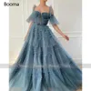 Booma Blue Long Prom Klänningar Sweetheart Crumpled Tulle Ruffles Evening Klänningar Av Skulder Tiered A-Line Party Dresses Bow Belt 210719