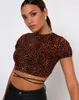 Kvinnors Fashion Printing Slim T Shirts Kortärmad Baklösa Drawstring Lace-Up Bandage Crop Tops Sommar Basic Tee