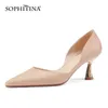 Sophitinaの女性のポンプ簡潔な色のオールマッチパーティーシューズスリップオン尖った革春秋女性の靴AO722 210513