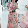 summer ladies' temperament V-neck slim women's fashion print split dress Zippers Knee-Length Office Lady 210416