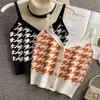 Fashion Summer casual single-breasted houndstooth knit camisole women's outer knit cami top sweater plaid V-neck top Camis 210625