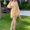 Pista Boho vestido mujer amarillo impreso verano volantes vintage mini bodycon femenino cintura alta lujo es 210603